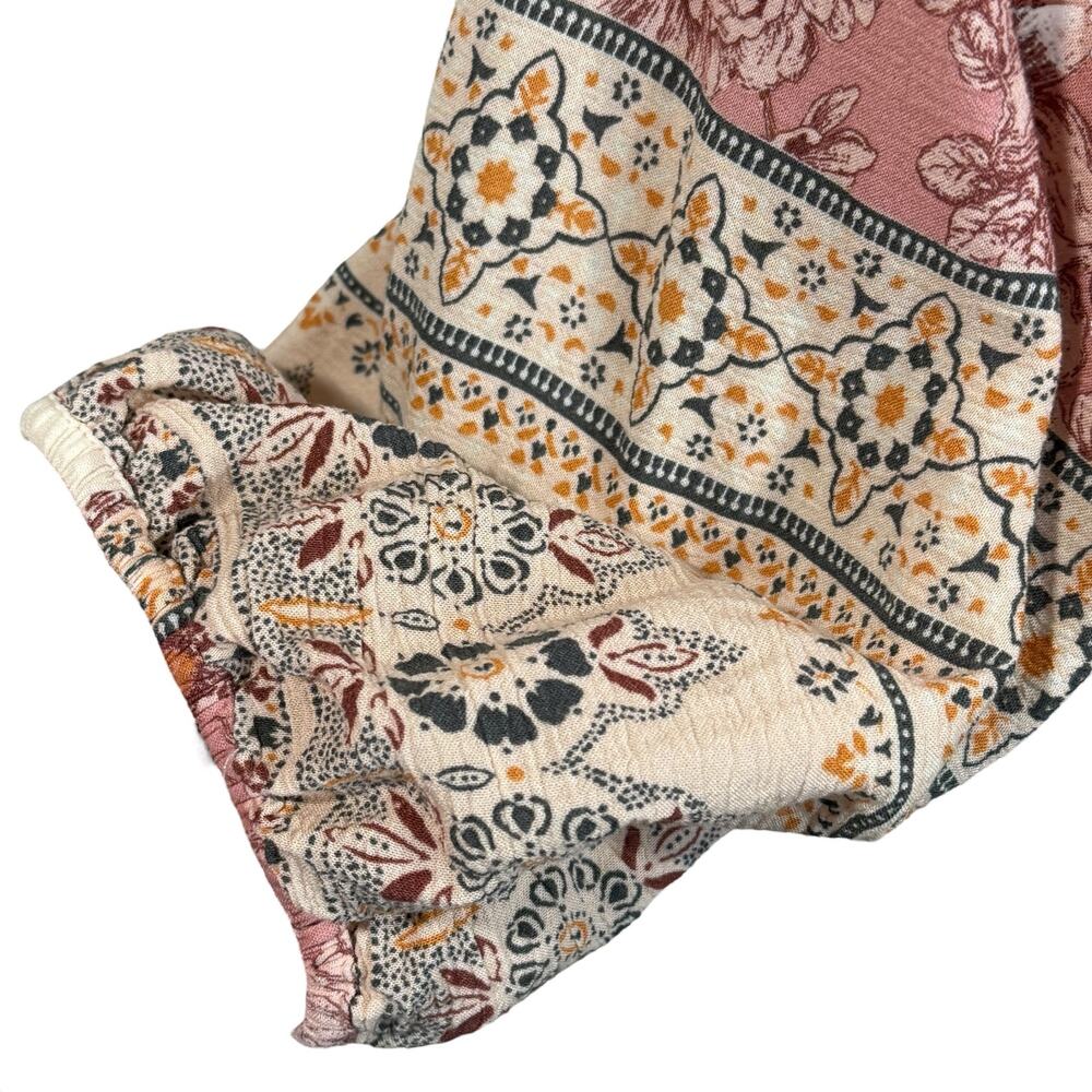 American Eagle Medium Boho Top Embroidered Tassel Long Sleeve Keyhole Pink Multi - Picture 3 of 11